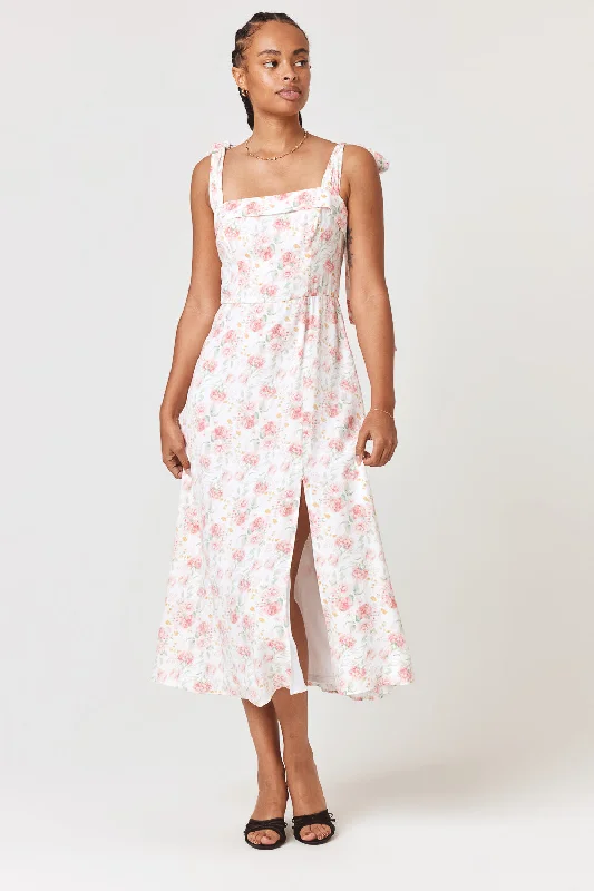 White Pink Floral Tie Shoulder Midi Dress