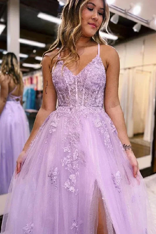 A-Line V Neck Lilac Tulle Long Slit Prom Dress Evening Dress  PSK405