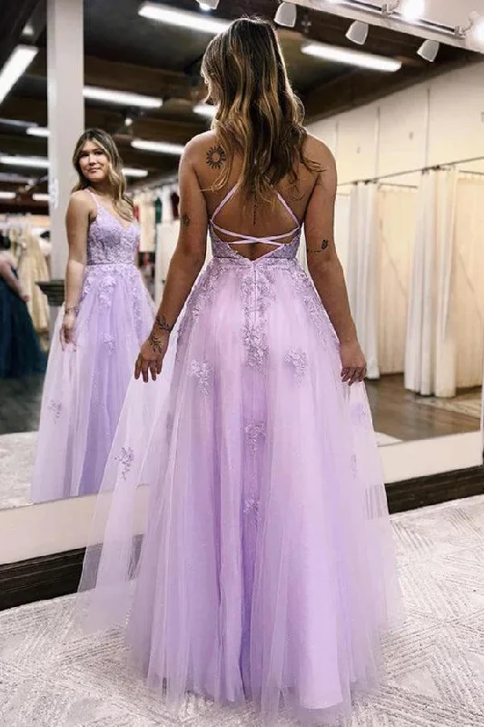 A-Line V Neck Lilac Tulle Long Slit Prom Dress Evening Dress  PSK405