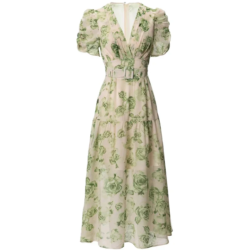 Bryce V-Neck Puff Sleeve Sashes Flower Print Vintage Dress