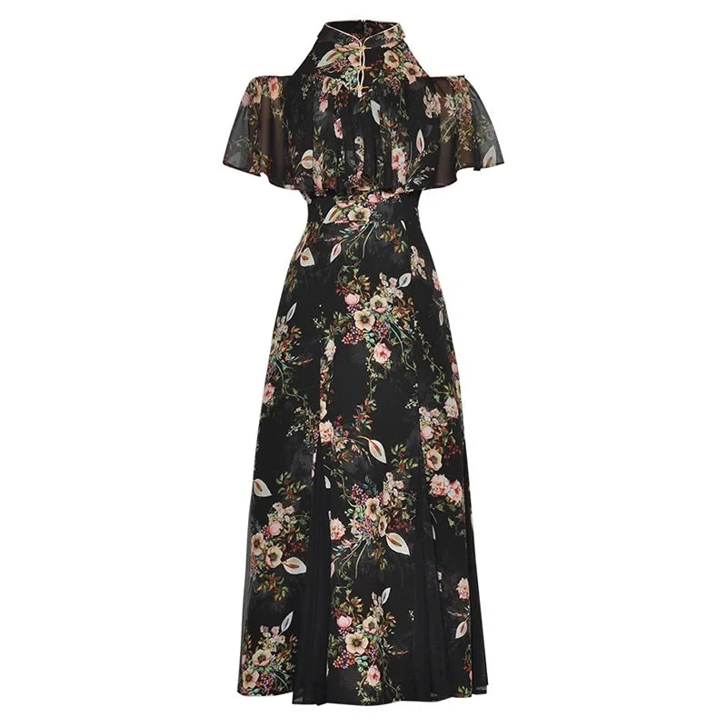 Kynlee Butterfly Sleeve Flower Print Mesh Patchwork Chinese Style Dress