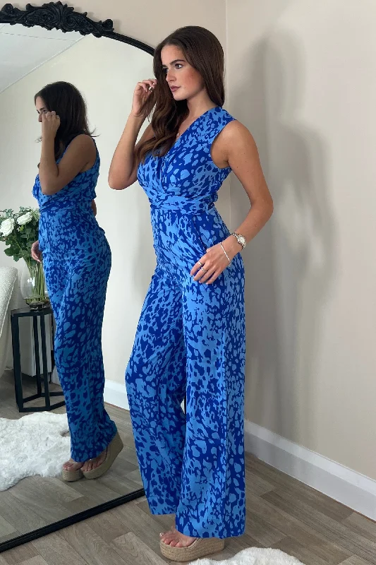 Savannah Cobalt Splash Print Twist Detail Wide Leg Jumpsuit