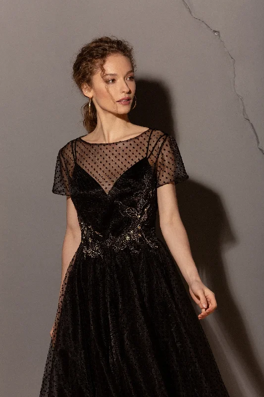 Spaghetti Strap Black Velvet Dress with Tulle Overlay