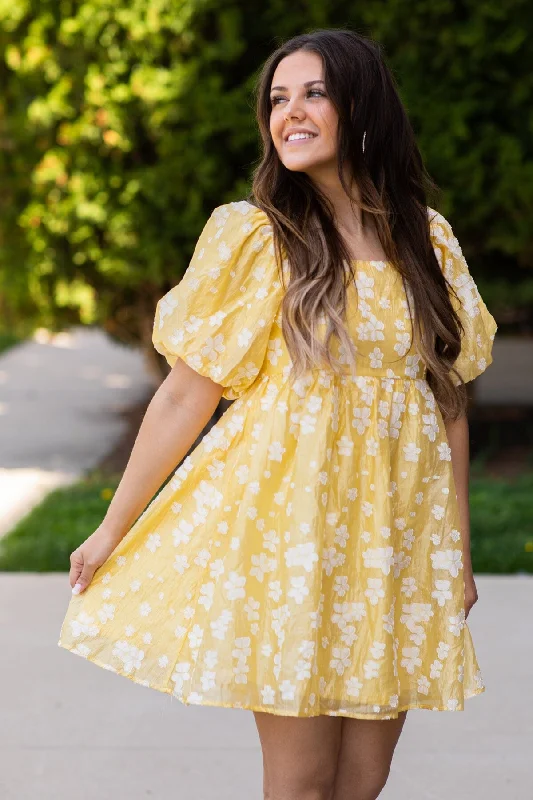 Pastel Yellow Floral Puff Sleeve Dress