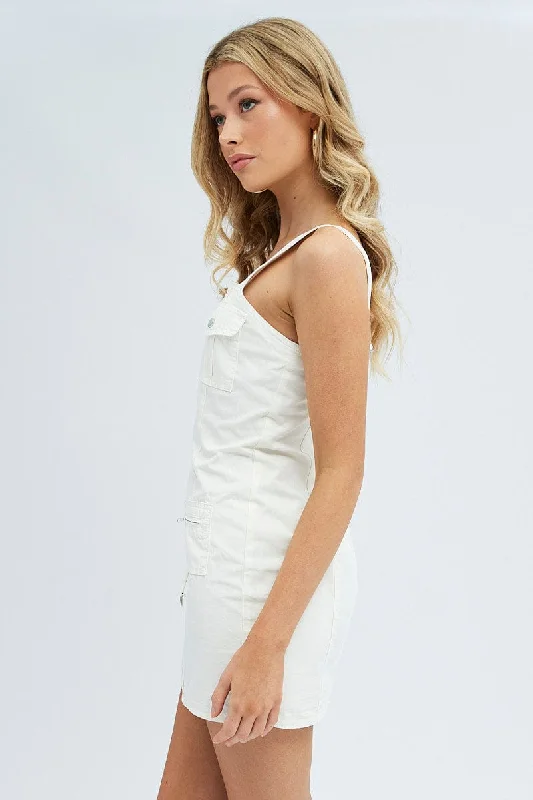 White Mini Dress Sleeveless Square Neck Cargo Utility