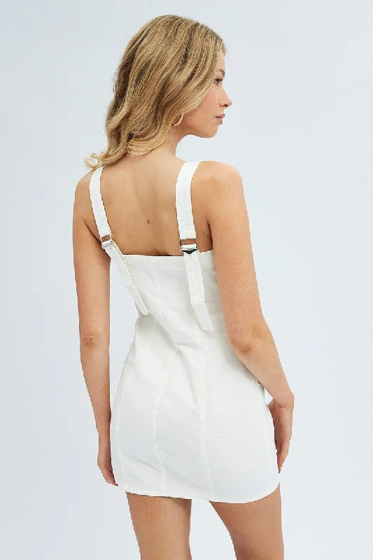 White Mini Dress Sleeveless Square Neck Cargo Utility