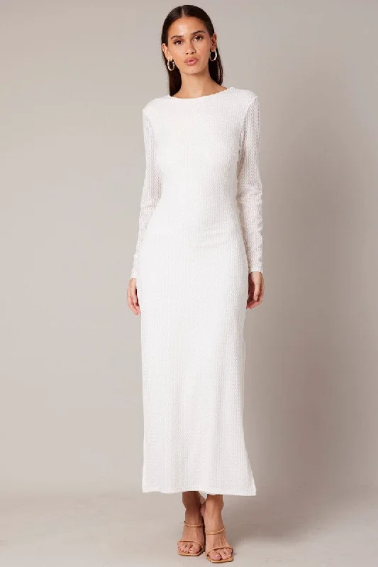 White Textured Dress Long Sleeve